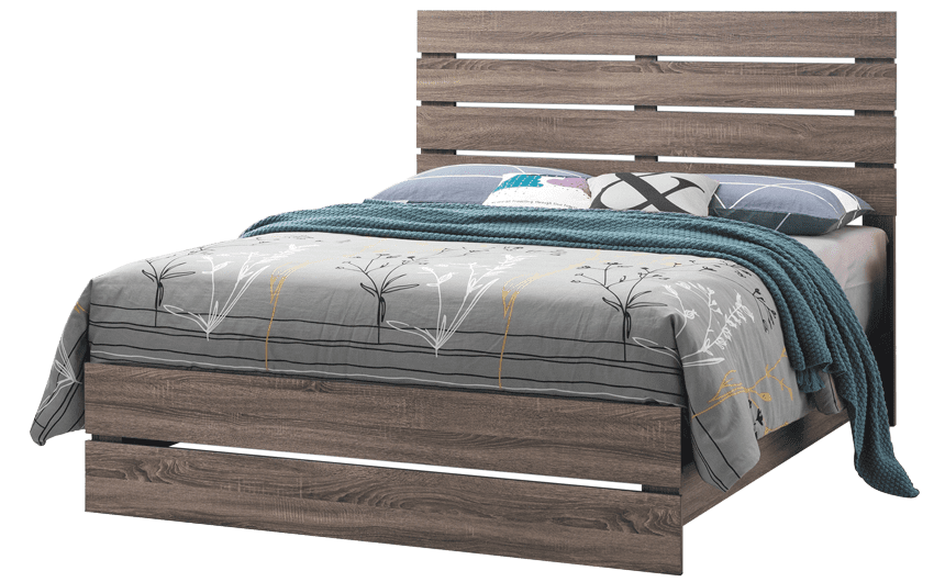 Rice Furniture & Design Center | pallet style wood bed in light gray with colorful bedding of gray, cream, purple, and teal