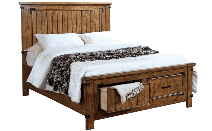 Rice Furniture & Design Center | wood bed with a tall headboard and black and white bedding with built-in drawers